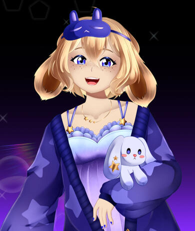 An anime-styled girl with short blonde hair and a pair of lop rabbit ears. She's wearing pajamas and carrying a bunny plush toy.